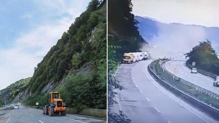 Karadeniz Sahil Yolu nda heyelan TIR hasar gördü