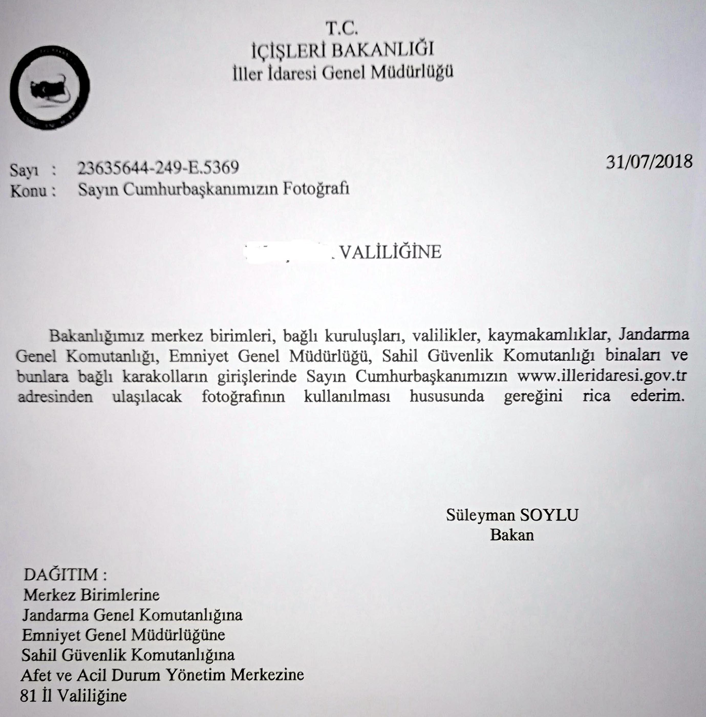 Bakan Soyludan, Erdoğan Portresi genelgesi