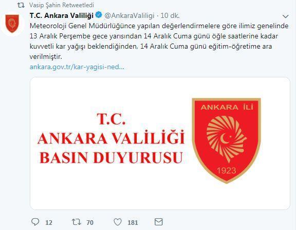 Ankarada okullar tatil edildi