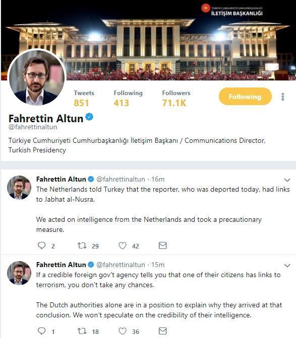 Fahrettin Altun, Hollanda vatandaşı gazetecinin El Nusra bağlantısı olduğunu söyledi