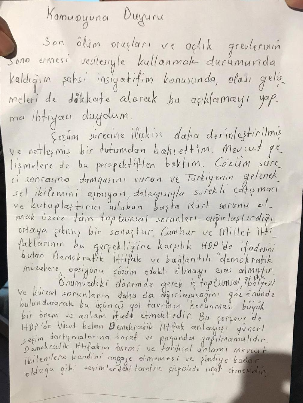 Ali Kemal Özcan, Öcalanın verdiğini öne sürdüğü mektubu okudu
