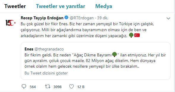 Erdoğandan sosyal medyadaki Ağaç dikme bayramı önerisine destek