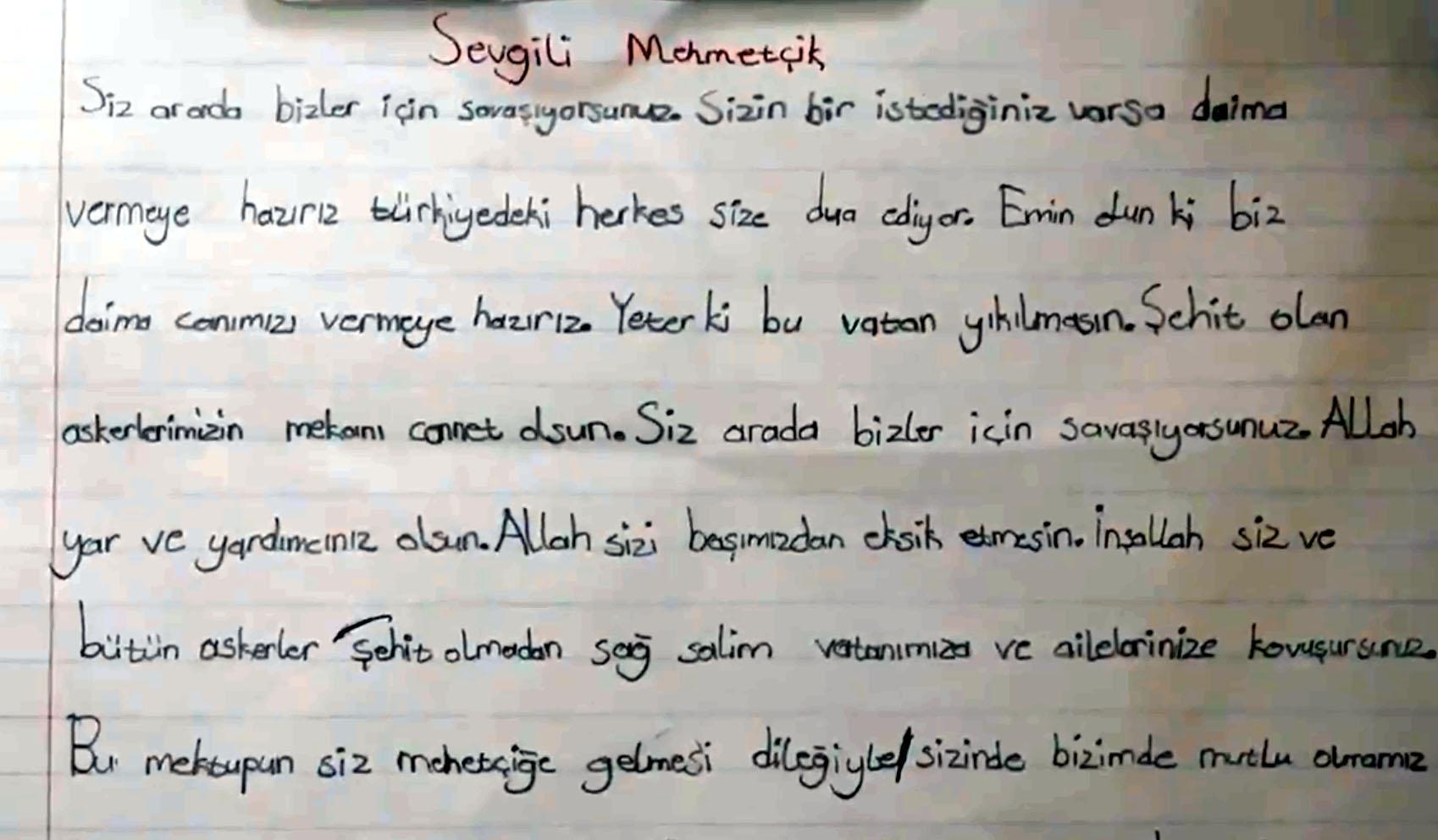 İlkokul öğrencisinden Mehmetçiğe duygulandıran mektup