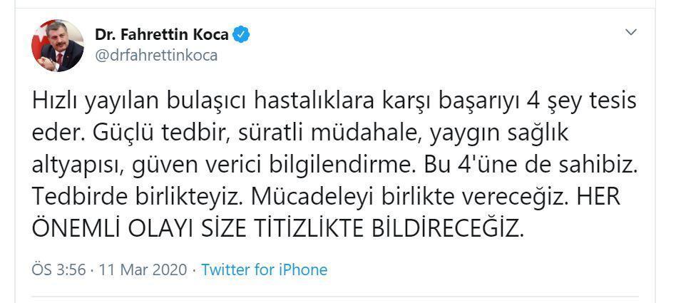 Türkiyede ilk koronavirüs vakası... Bakan Koca kritik toplantı sürerken bu mesajı paylaştı