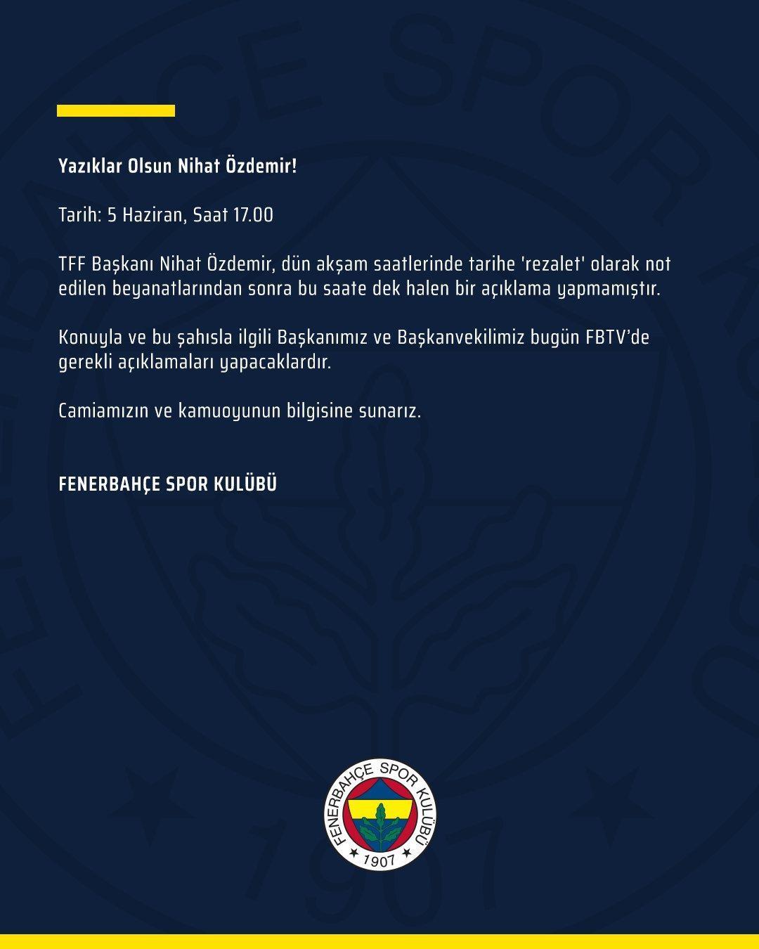 Fenerbahçeden TFF Başkanı Nihat Özdemire tepki