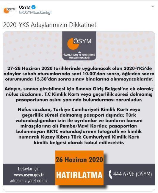 ÖSYMden YKSye girecek adaylara saat uyarısı