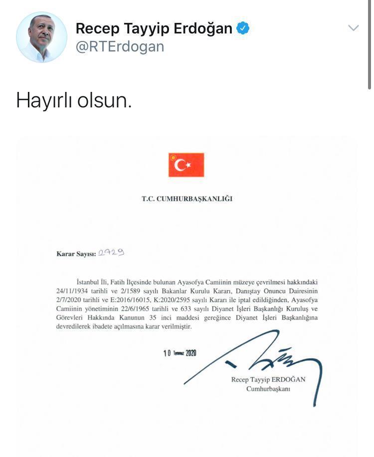 Cumhurbaşkanı Erdoğandan Ayasofya mesajı Hayırlı olsun