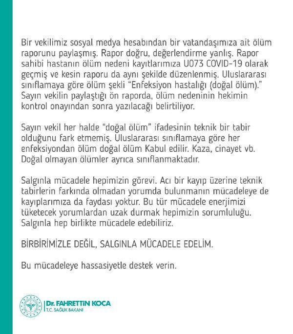 Bakan Kocadan, milletvekilinin paylaştığı ölüm raporuna ilişkin açıklama