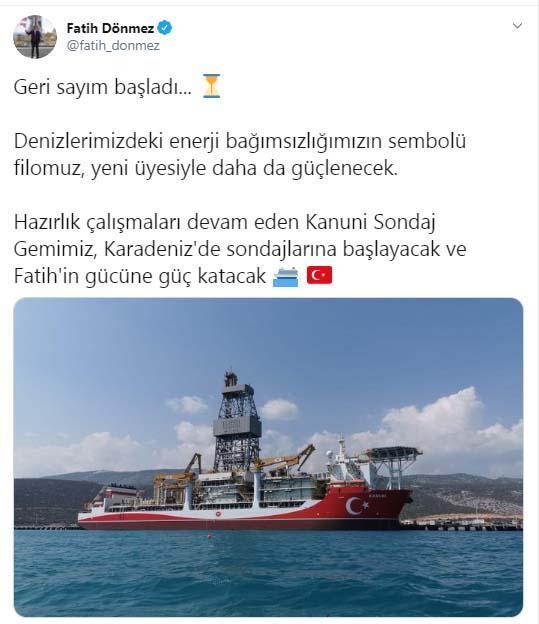Bakan Dönmez: Kanuni Sondaj Gemimiz, Karadenizde sondajlarına başlayacak