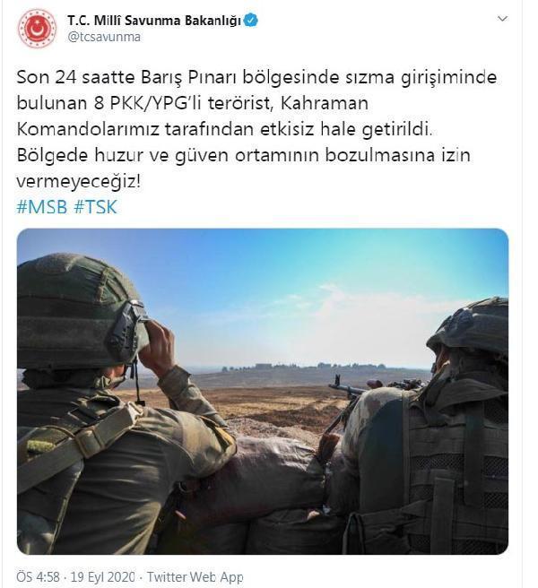 MSB: Son 24 saatte 8 PKK/YPG’li terörist etkisiz hale getirildi