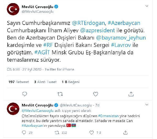 Bakan Çavuşoğlu: Sahada ve masada Azerbaycanın yanındayız