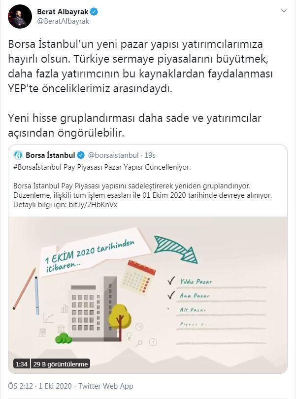 Bakan Albayraktan Borsa İstanbul paylaşımı