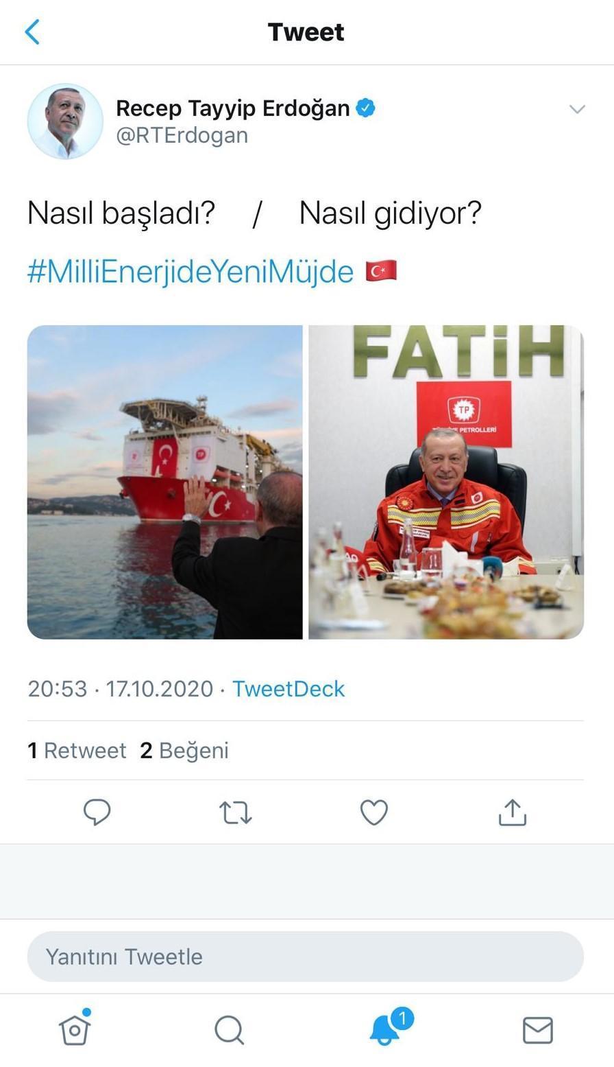 Cumhurbaşkanı Erdoğandan Fatih Sondaj Gemisi paylaşımı