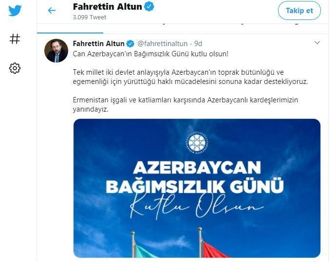 İletişim Başkanı Altundan Azerbaycan Bağımsızlık Günü mesajı