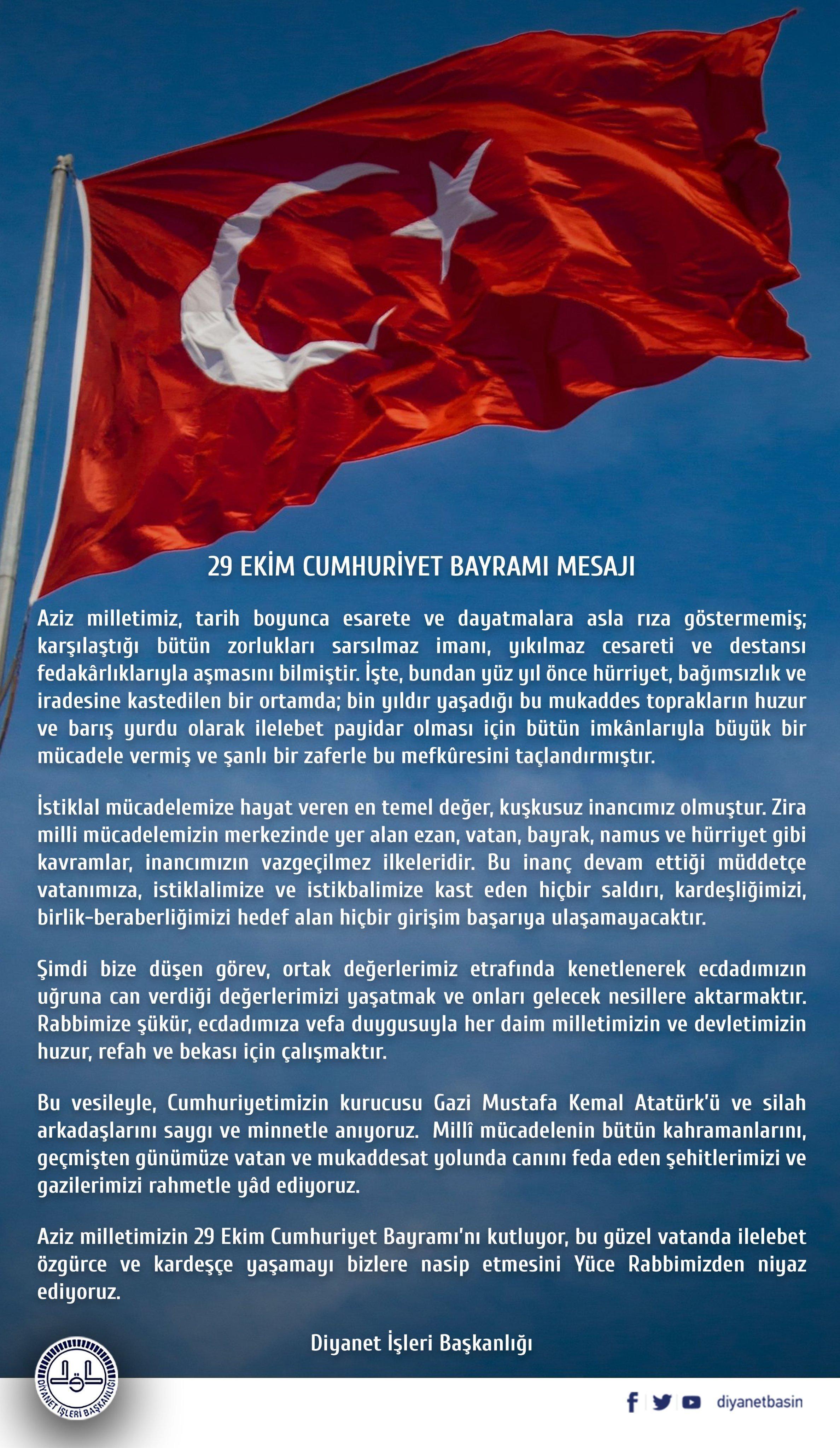 Diyanetten 29 Ekim Cumhuriyet Bayramı mesajı