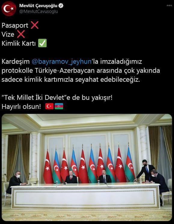 Bakan Çavuşoğlu: Türkiye- Azerbaycan arasında sadece kimlik kartımızla seyahat edebileceğiz