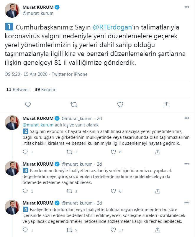 Bakan Kurum: Kira ve benzeri düzenlemelerin şartlarına ilişkin genelgeyi 81 il valiliğimize gönderdik