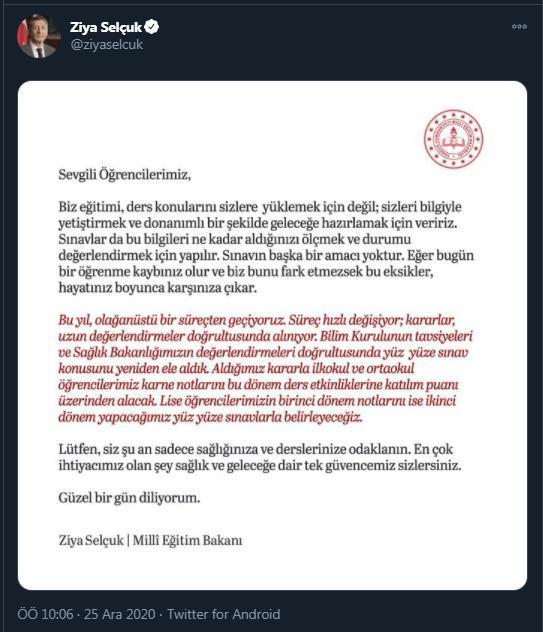 Bakan Selçuktan yüz yüze sınav açıklaması