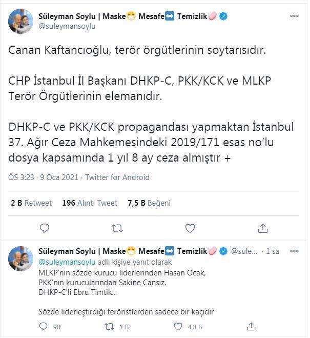 Bakan Soylu: Kaftancıoğlu, DHKP-C ve PKK/KCK propagandasından ceza aldı