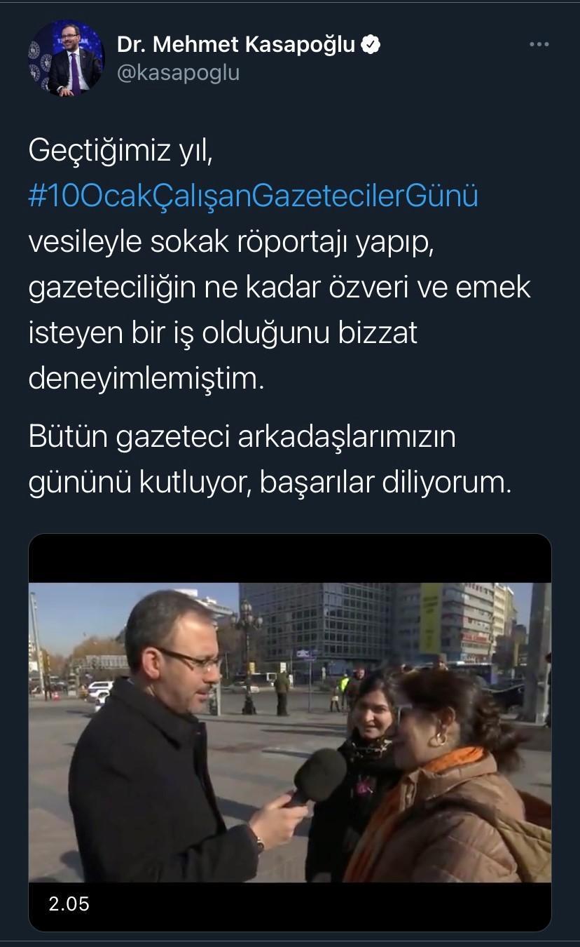 Gençlik ve Spor Bakanı Kasapoğlu 10 Ocak Çalışan Gazeteciler Günü’nü kutladı