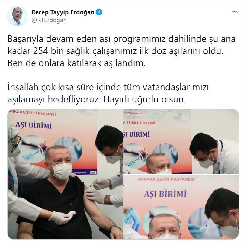 Cumhurbaşkanı Recep Tayyip Erdoğan, Ankara Şehir Hastanesinde Covid-19 aşısı oldu