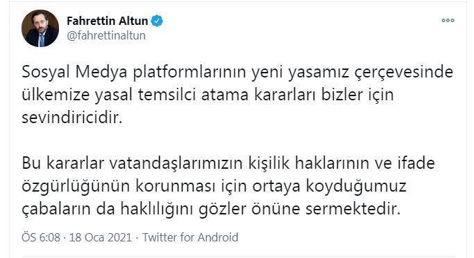İletişim Başkanı Altun: Sosyal medya platformlarının temsilci atama kararları sevindirici