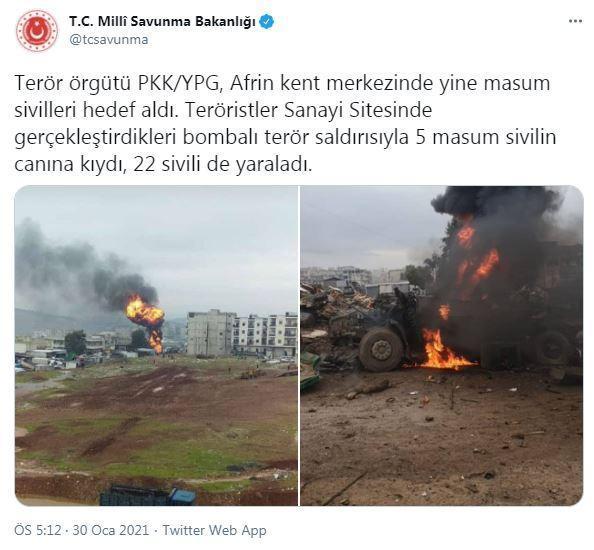 MSB: Afrindeki bombalı terör saldırısında 5 sivil hayatını kaybetti