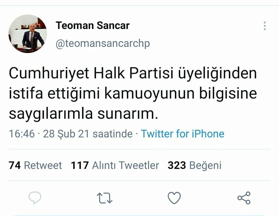 Teoman Sancar CHPden istifa etti