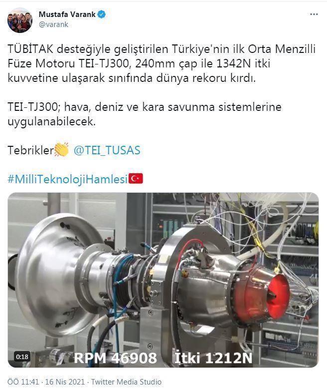 Türkiyenin ilk orta menzilli füze motoru TEI-TJ300, rekor kırdı