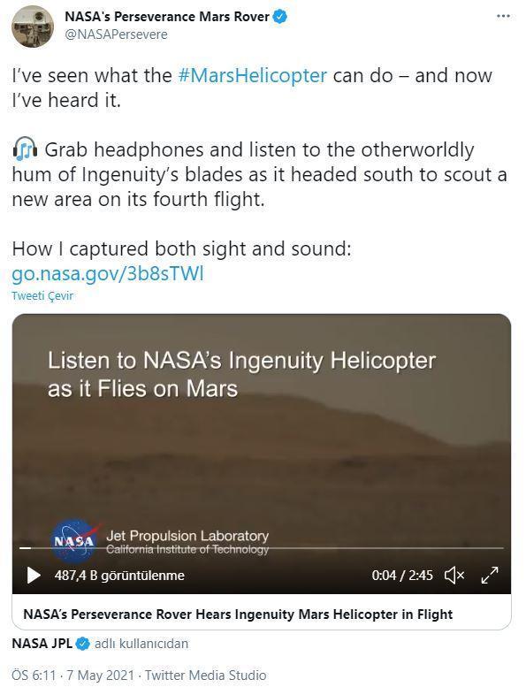 ‘Mars helikopterinin’ uçuşu sırasında çıkardığı sesler kayda alındı