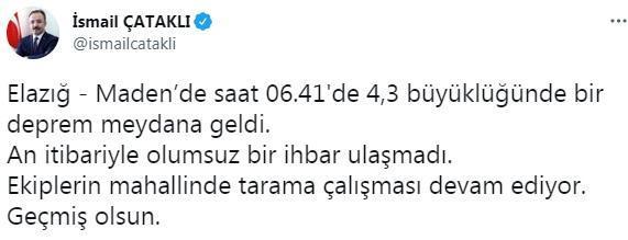 Elazığda 4.3 büyüklüğünde deprem