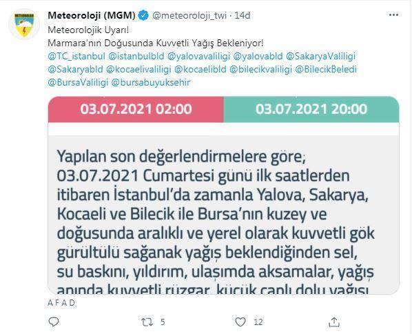 Meteorolojiden Marmaranın doğusu için sağanak uyarısı
