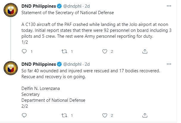 Filipinler Savunma Bakanlığı: askeri uçak kazasında 17 ölü