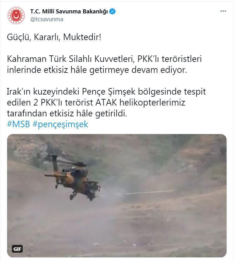 MSB: 2 PKKlı terörist Atak helikopterleriyle etkisiz hale getirildi