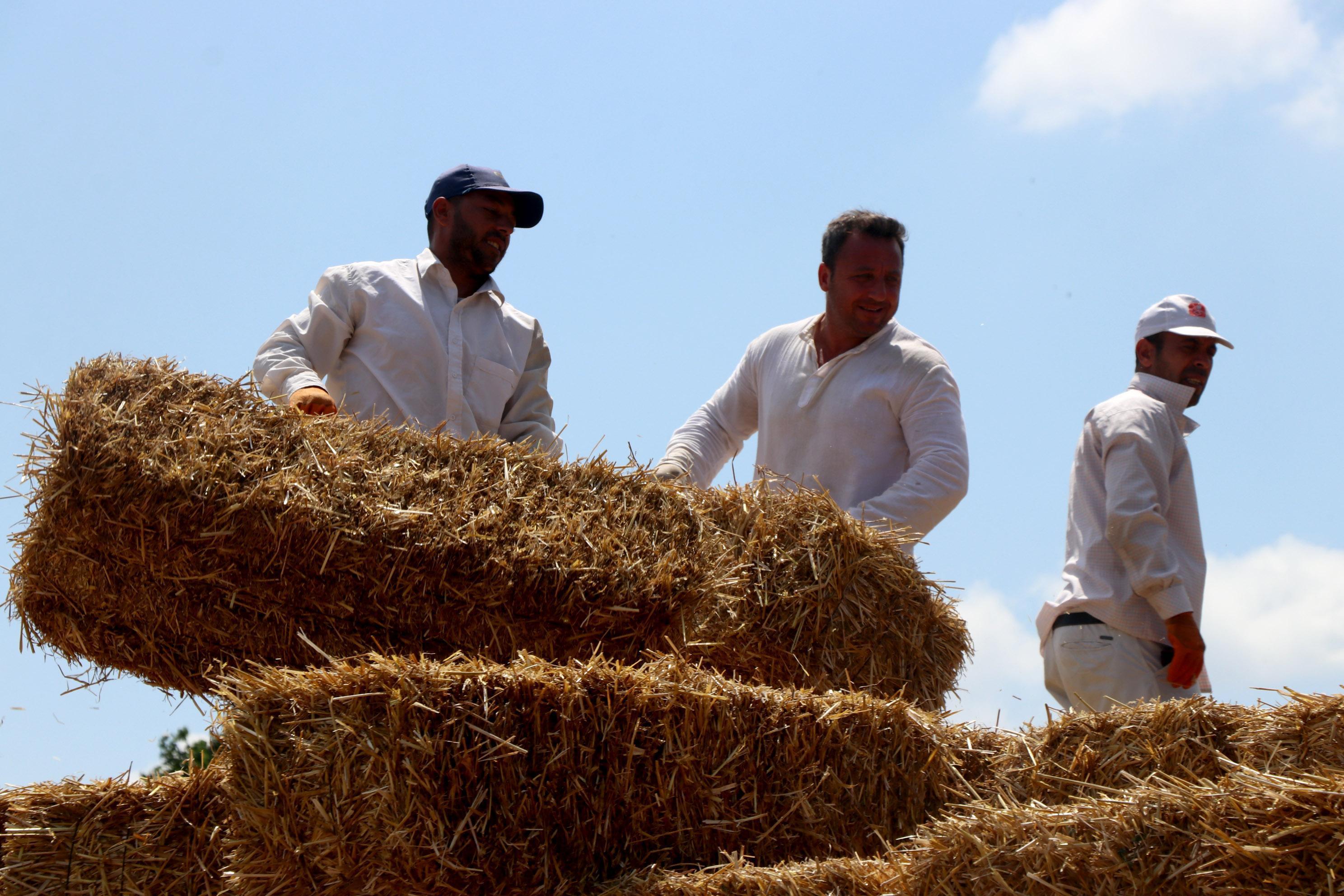 Müdür ve veliler, okul ve öğrencilerin ihtiyaçları için saman balyası taşıdı