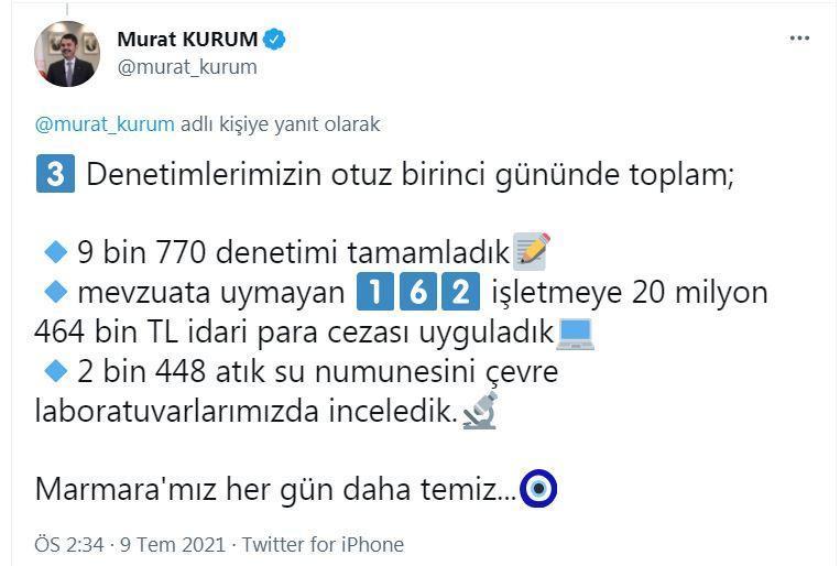 Bakan Kurum: Marmarada müsilaj olmadığı için temizleme çalışması yapılmadı