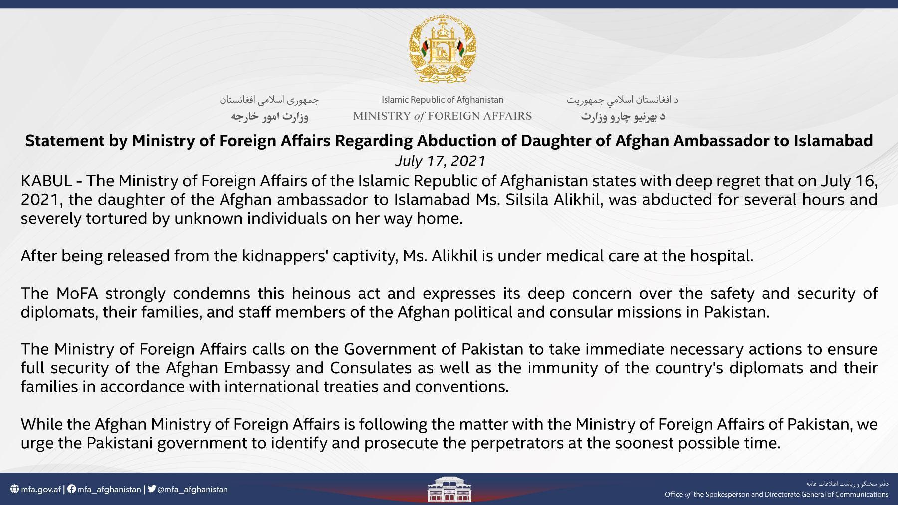 Afganistan Dışişleri Bakanlığı, Afgan büyükelçinin kaçırılan kızı hakkında açıklama yaptı