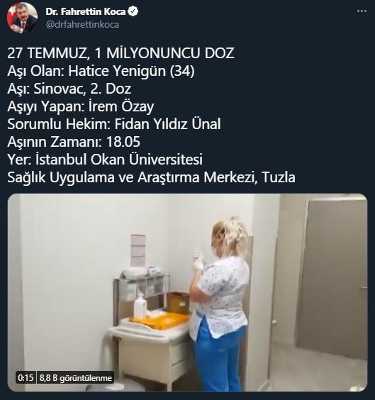 Bakan Kocadan 1 milyonuncu doz aşı paylaşımı