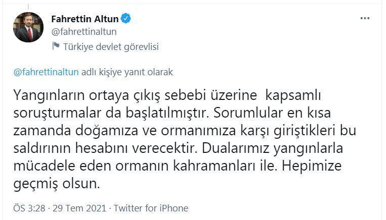 İletişim Başkanı Altun: Orman yangınlarıyla ilgili kapsamlı soruşturmalar başlatıldı