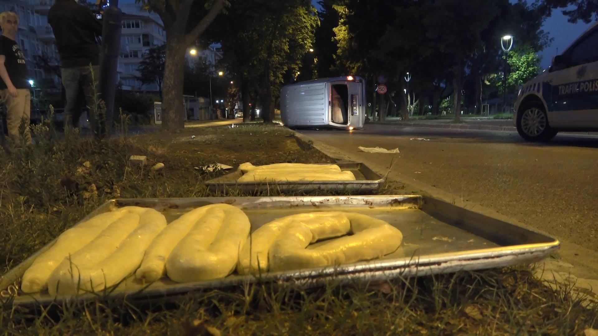 Pastane aracı kazada takla attı, poğaça ve börek hamurları yola döküldü