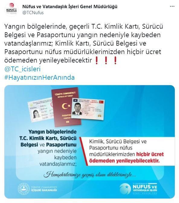 Yangında kimlik kartı, sürücü belgesi ve pasaportunu kaybedenler, ücretsiz yenileyebilecek