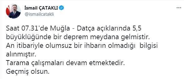 Datça açıklarında 5.5 büyüklüğünde deprem