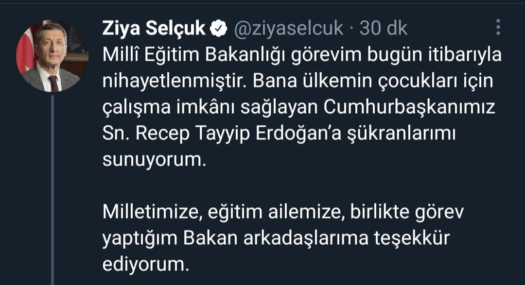 Ziya Selçuk: Milli Eğitim Bakanlığı görevim bugün itibarıyla nihayetlenmiştir