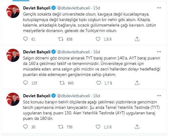 Bahçeli: TYT 140a, AYT baraj puanın da 160a çekilmesi teklif ve temennimizdir