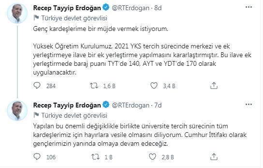 Erdoğan açıkladı; YKSde baraj puanları düşürüldü