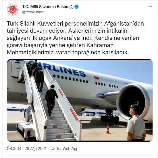 Afganistanda görev yapan Türk askerini taşıyan uçak Ankarada: MSB askerlerin görüntüsünü paylaştı