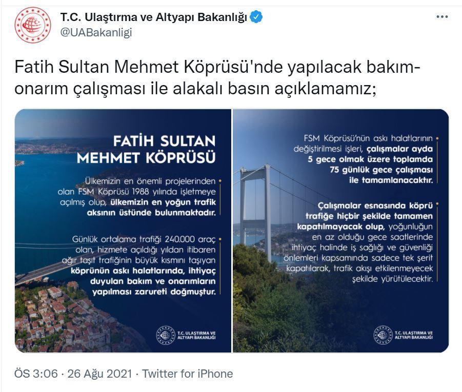 Bakanlıktan FSM Köprüsünde yapılacak çalışmayla ilgili açıklama