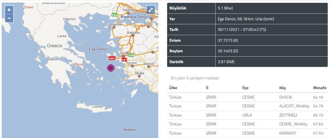 Ege Denizinde, Urla açıklarında 5.1 büyüklüğünde deprem