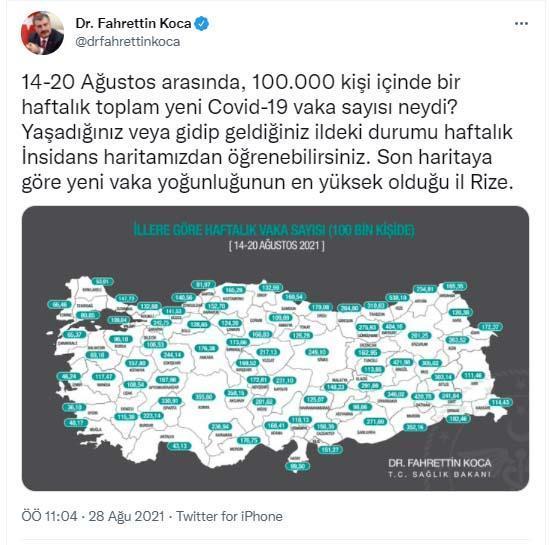 İllere göre haftalık vaka sayısı haritası güncellendi