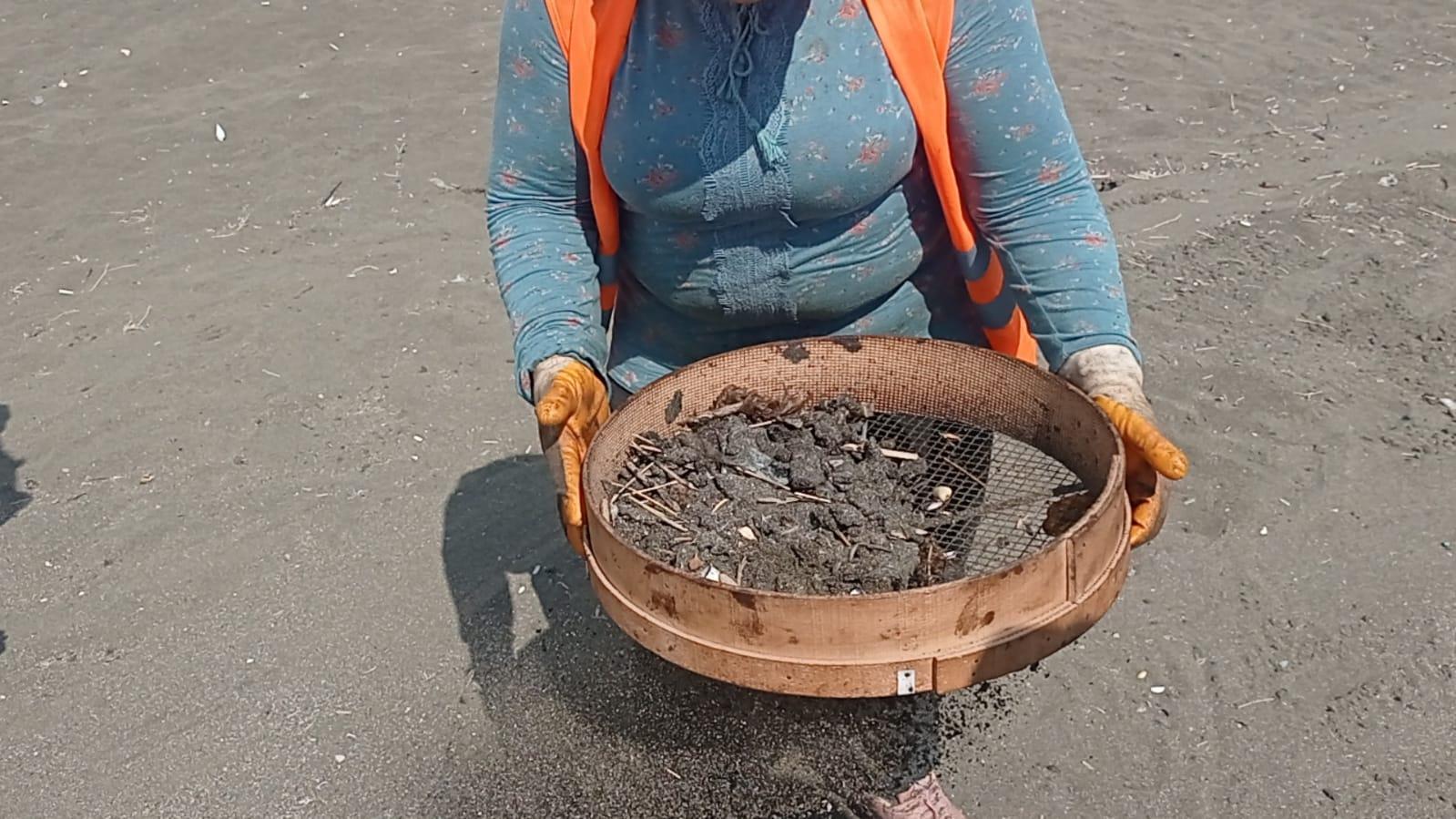 Samandağ sahilınde petrol atıkları elekle temizleniyor